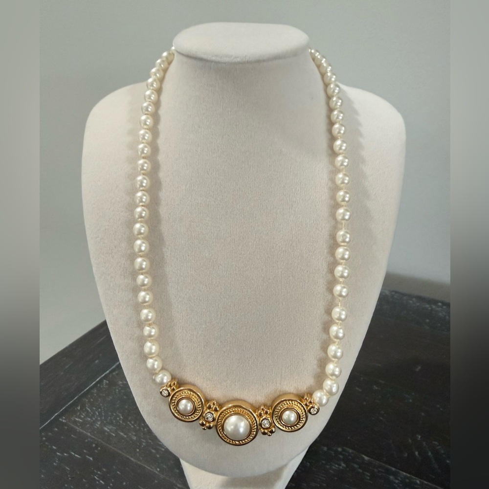 Christian Dior Elegant Gold and Cream Pearl Necklace and Earring Set w/ pouch